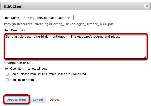 Add a description, then click Update Item.