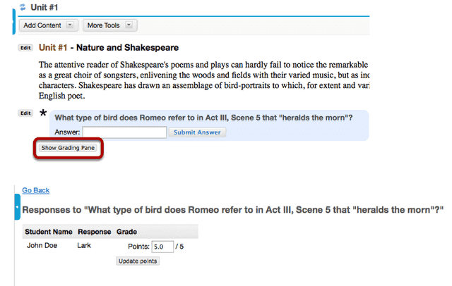 To see student responses, click Show Grading Panel.