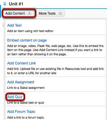 Click Add Content, then Add Quiz.