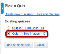 Select the assessment from the list of existing quizzes. 