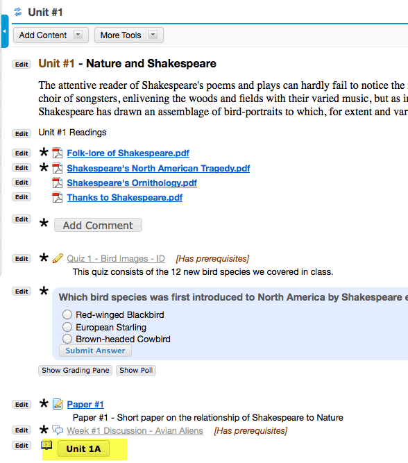 Example Unit 1 top-level Lessons page with button link to Unit 1A subpage