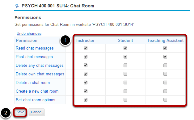 Modify the permissions for the roles listed.