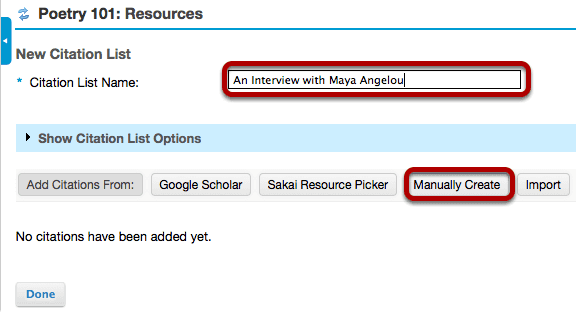 Enter a name for the citation list, then click Manually Create.
