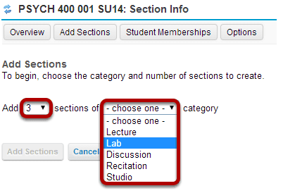 Select the number of sections and a category.