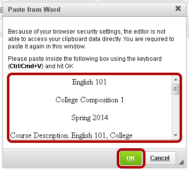 Paste the text into the Paste from Word window.