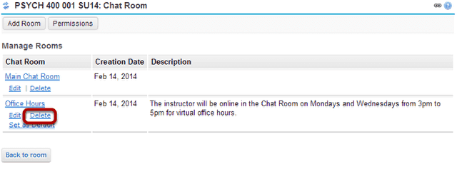 Click the Delete link for the room you want to remove.