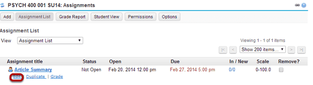 Select the Edit link for the assignment you want to edit.