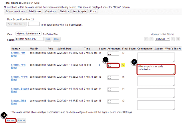 Enter score adjustment and comments.