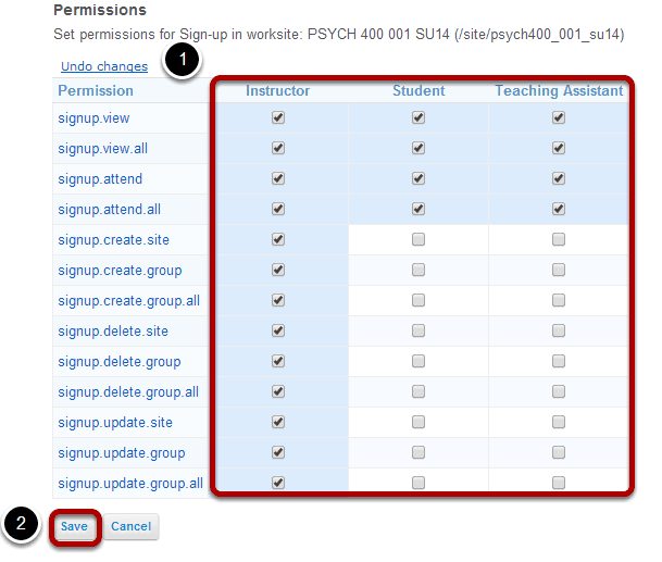 Modify the permissions for the roles listed.