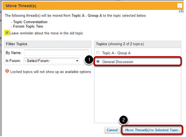 Select options and click Move Thread(s) to the selected topic.