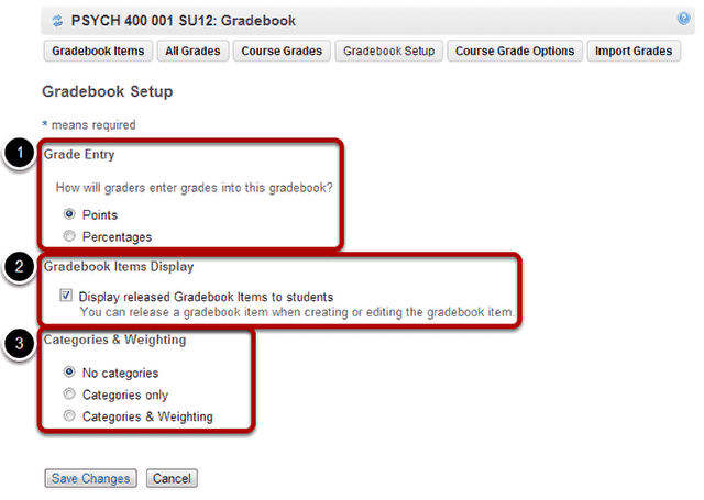 Gradebook setup options.