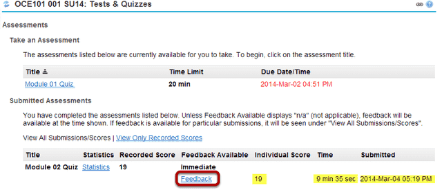 Click on the feedback link for the assessment.